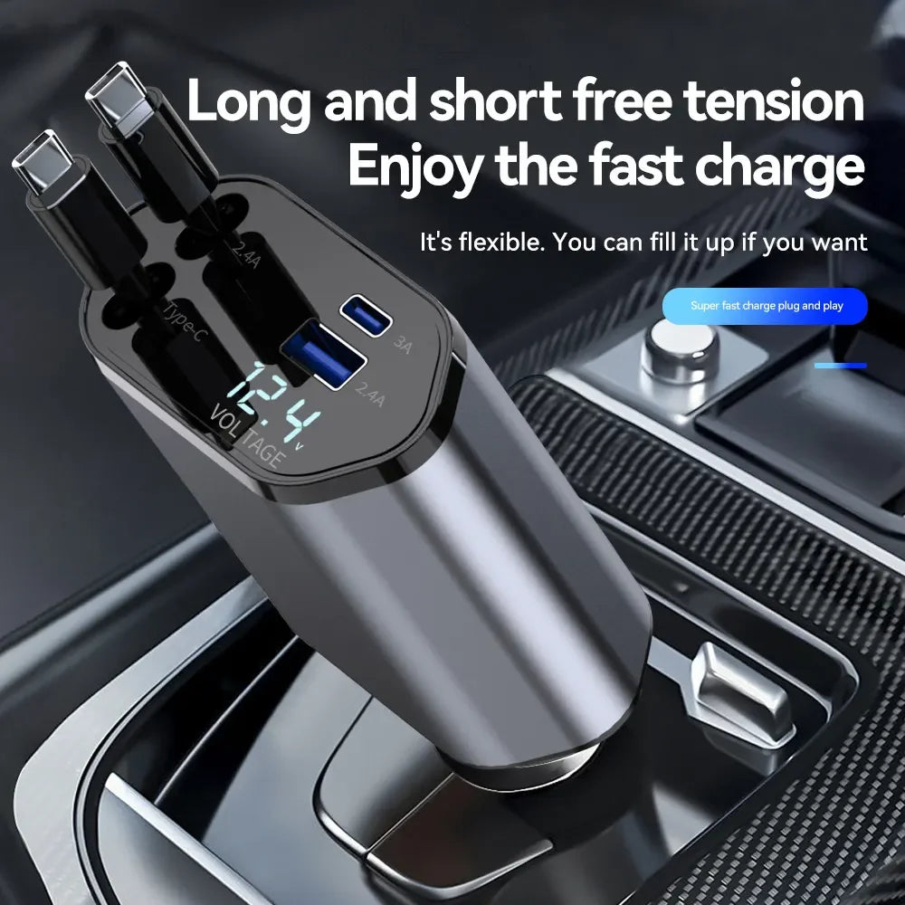 4 in 1 Retractable Car Super Fast Charging Charger Power Supply Adapter LED Display USB Type C 4 Ports  Max 60W Chargers Adapter